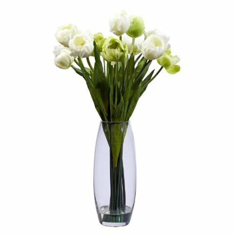 Nearly Natural 4792 Tulip with Vase Silk Flower Arrangement, Cream/Green