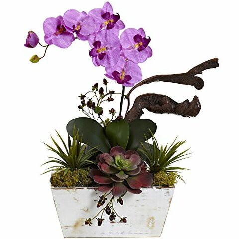 Nearly Natural 1458-OR Orchid &amp; Succulent Garden with White Wash Planter