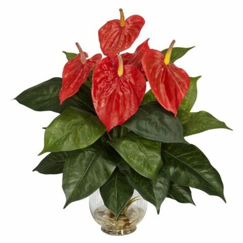 Nearly Natural 6668 Anthurium with Fluted Glass Bowl Decorative Silk Plant, Red,6.75 x 6.75 x 22.5