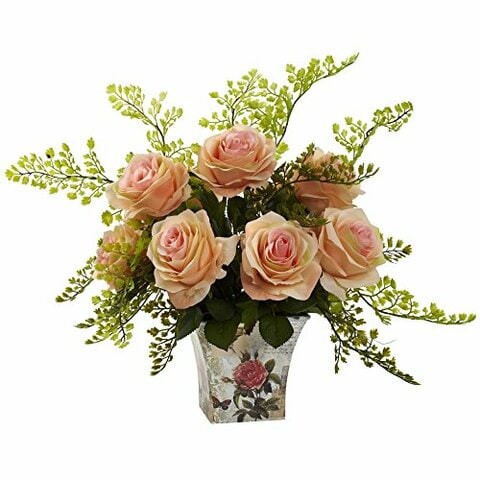 Nearly Natural 1379-PH Rose 7 Maiden Hair with Floral Planter, Peach