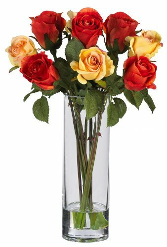 Nearly Natural 4740 Roses with Glass Vase Silk Flower Arrangement, Multi