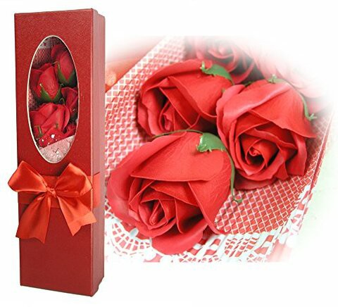 BANBERRY DESIGNS Red Rose Bouquet - Set of 5 Scented Roses - Gift Boxed with a Red Bow