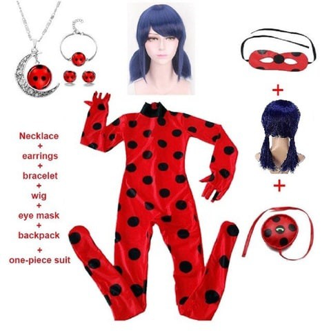 Kid&rsquo;s Beetle Costume Ladybug Black Cat Noir Boy or Girl Cosplay Outfit Clothing with Wig Jumpsuit Halloween Party Masquerade with 3pcs/Set Jewellery (M 7-8Y, LadyBug_Jumpsuit)