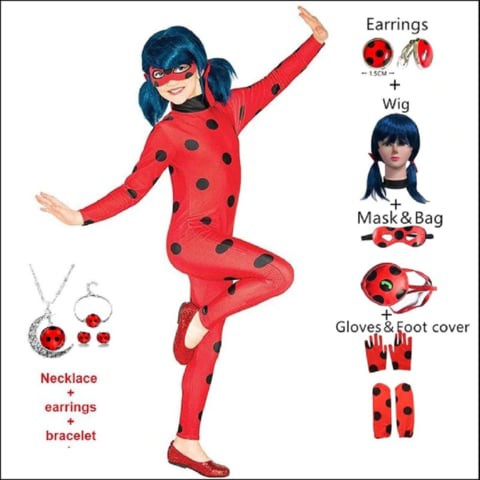 Kid&rsquo;s Beetle Costume Ladybug Black Cat Noir Boy or Girl Cosplay Outfit Clothing with Wig Jumpsuit Halloween Party Masquerade with 3pcs/Set Jewellery (XL 10-11Y, LadyBug_Jumpsuit)