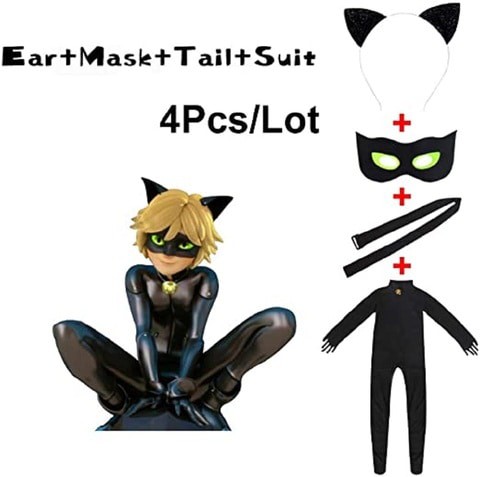 Kid&rsquo;s Beetle Costume miraculous Ladybug Black Cat Noir Boy or Girl Cosplay Outfit Clothing with Wig Jumpsuit Halloween Party Masquerade with 3pcs/Set Jewellery (XS 3-4Y, Black Cat Noir)