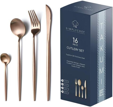 SIMPLY CHEF: TAKUMI Roe Gold Luxury Kitchen Cutlery Set 16 pcs with Knives | Stainless Steel Silverware Set | Flatware for 4