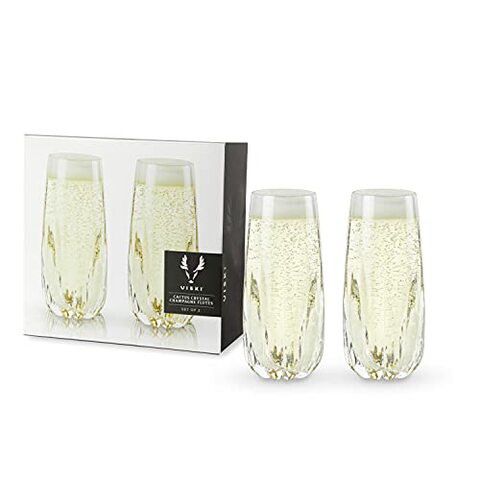 Viski Raye Cactus Crystal Champagne Flutes Set of 2, No-Lead Premium Crystal Clear Glass, Modern Stemless, Champagne Glass Gift Set, 10 oz