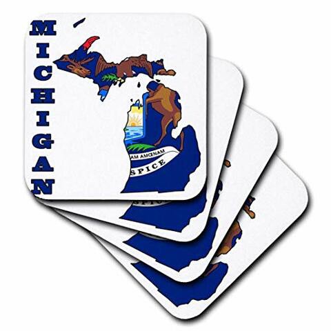 3dRose cst_58743_1 Michigan State Flag in The Outline Map and Letters for Michigan-Soft Coasters, Set of 4