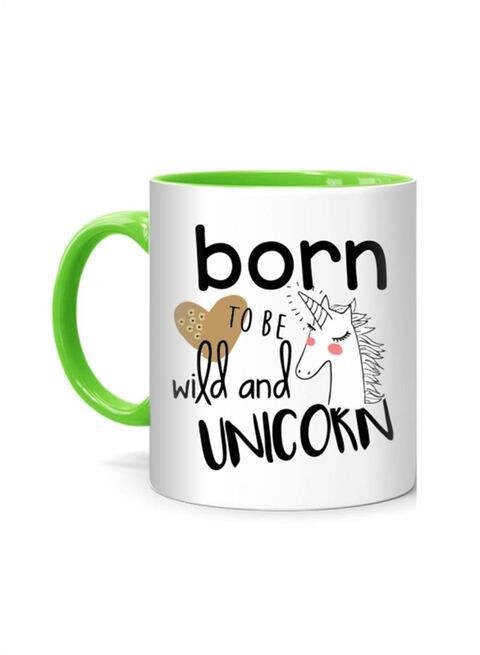 FMstyles Born to be wild &amp; Unicorn Printed Mug White/Green 10 cm