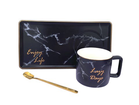 Lazy Days Marble Design Ceramic Coffee Mug Saucer Set with Gold Spoon (Black)