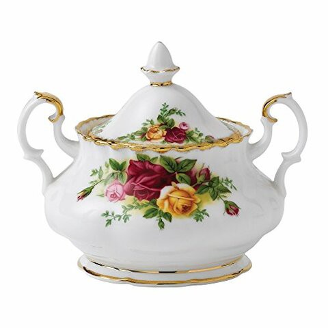 Royal Albert Old Country Roses Covered Sugar Bowl, Mostly White with Multicolored Floral Print