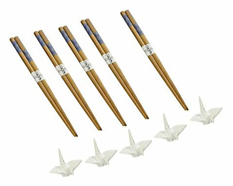 Happy Sales 5 Pairs White Crane Rests and Sashiko Design Chopsticks