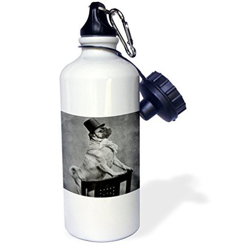 3DrosePug In Top Hat Black And White&quot; Sports Water Bottle, 21 Oz, White