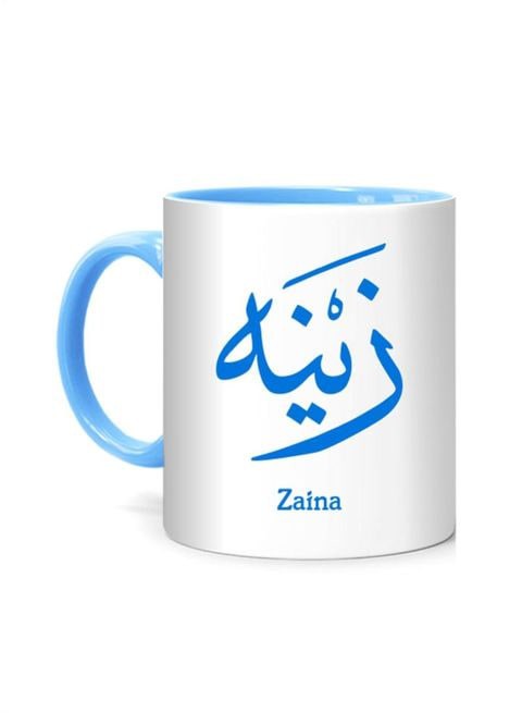 كوب بطبعة (Zaina) بخط عربي من اف ام ستايلز ، ابيض/ازرق 10 سم