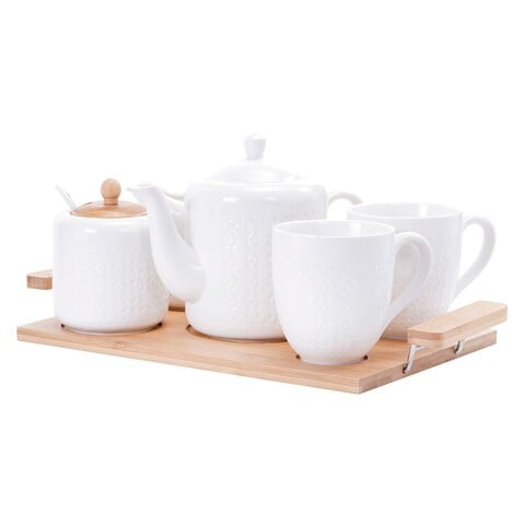 Royalford 6Pcs Porcelain Tea Set - 2 Tea Cups, 1 Teapot, 1 Canister, 1 Milk Or Cream Pot &amp; Wooden Stand With Handles For Easy Carry