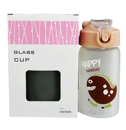 Dinasaur Water Glass Bottle with Straw Beige 350ml