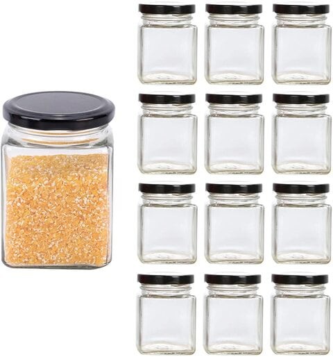 FUFU square jar with black sealed metal regular lid (380ml), sealed transparent glass jar, used as dessert, coffee beans, seasoning, honey, jam, jelly, total 12 jars