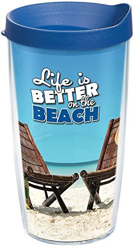 Tervis Life Is Better On The Beach Tumbler With Wrap And Blue Lid 16Oz, Clear