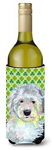 Caroline&#39;s Treasures Lh9216Literk Old English Sheepdog St. Patrick&#39;s Day Shamrock Wine Bottle Beverage Insulator Beverage Insulator Hugger, Wine Bottle, Multicolor