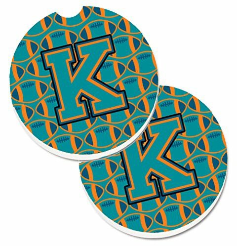 Caroline&#39;s Treasures CJ1063-KCARC Letter K Football Aqua, Orange and Marine Blue Set of 2 Cup Holder Car Coasters, Large, multicolor