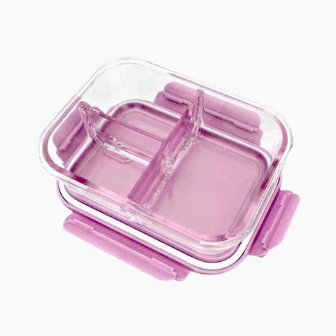 ALISSA-Glass Lunch Box 3-Compartment Meal Prep Containers Food Storage, Pink.