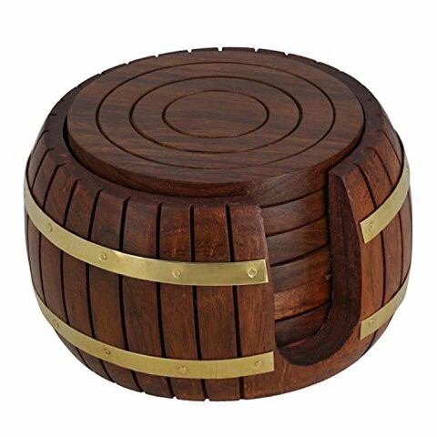 Handmade Barrel Shaped Wooden Tea Coaster - Set of 6 Drink Coaster Suitable for Wine Glasses, Beer Bottles, Whiskey Glasses and Any Hot and Cold Drinks