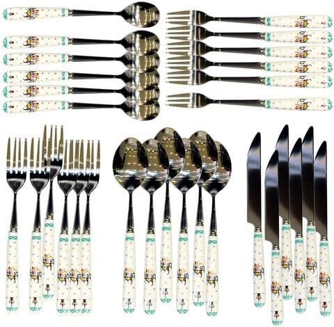 LIHAN  top quality Creative Tableware  EID MUBARAK cutlery set combine 6 Pieces Polish dinning  spoon ,6pces  big forks,6 pces dessert fork,6 pces tea spoon and 6 pces knife with Ceramic Handle,classi