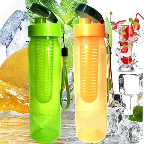 Kuber Industries Plastic Fruit Infuser Water Bottle with Fruit Strainer Set, 940ml, Set of 2, Multicolour (CTKTC1668)