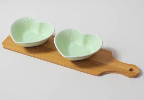 Serving Bowl, Plate Heart Shape With Bamboo Tray With Handle Snacks, Nuts, Fruits, Desserts Ceramic Green Color