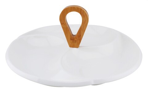 Shallow 29cm Porcelain Round 3-Compartment Serving Plate With Bamboo Handle Jmd305