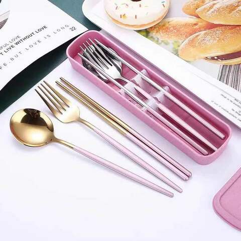 LIHAN Travel Flatware Set with Chopsticks Spoon and Fork ,Reusable Stainless Steel Portable Korean Style Dishwasher Safe Packing by Gift Case with Golden Pink Color