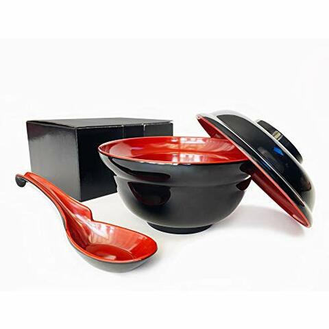 JapanBargain, Soup Bowl with Lid and Spoon for Miso Soup Rice Poke Donburi Noodle Pasta Cereal Black and Red Color Japanese Style with Hook Spoon, 21 oz (1, 21oz w/Gift Box)