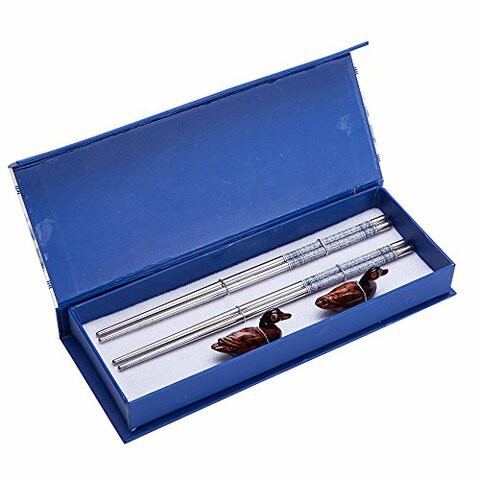 4 (2 pairs) Silver Stainless Steel Chopsticks &amp; Mandarin Duck Holders Set In Gift Box by THY COLLECTIBLES