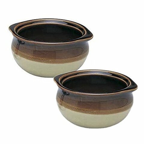 Update International Set Of 2-10 Oz. (Ounce) French Onion Soup Bowl, Crock Bowl, Single-Serving, Ceramic, Two-Tone Color, Flat Rim, Two-Eared Rim Handle