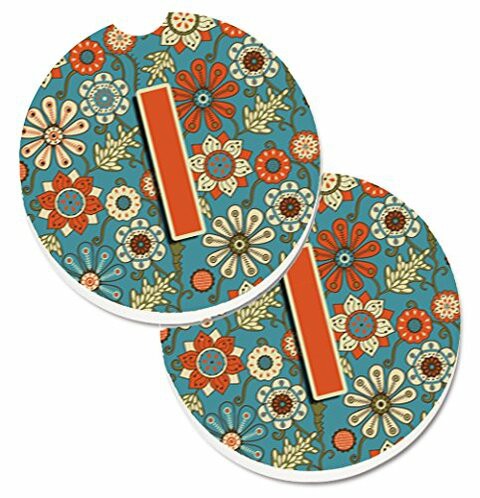 Caroline&#39;s Treasures CJ2012-ICARC Letter I Flowers Retro Blue Set of 2 Cup Holder Car Coasters, Large, multicolor