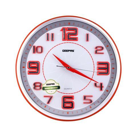 Geepas Wall Clock - Taiwan Movement Silent Non-Ticking, 3D Hours Numbers, Round Decorative Clock For Living Room, Bedroom, Kitchen (Battery Not Included) (Silver &amp; Orange Frame)