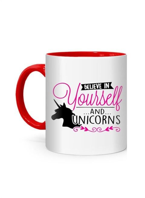 كوب بطبعة Believe in yourself & Unicorn من FMstyles - أبيض/أحمر 10 سم