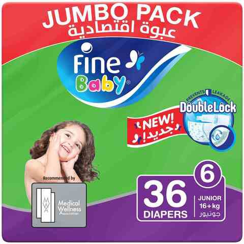 Fine Baby Diapers, DoubleLock Technology , Size 6, Junior 16kg +, Jumbo Pack, 36 diaper count