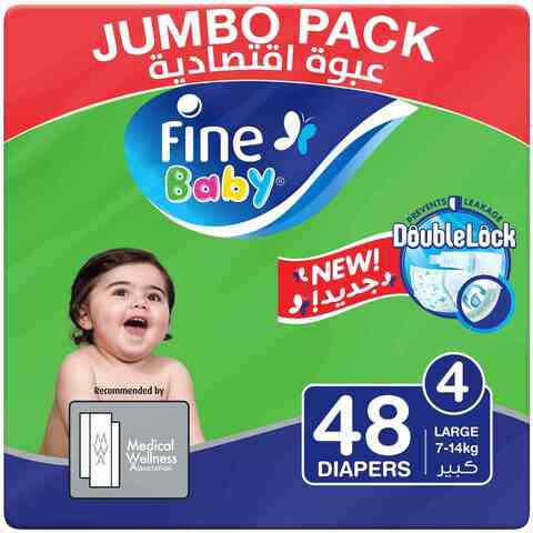 Fine Baby Diapers, DoubleLock Technology, Size 4, Large 7 - 14kg, Jumbo Pack, 48 diaper count
