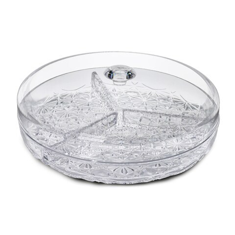 Al Hoora 26cm 3Section Clear Serving Dish W/ Specific Tray Design Use For Snack, Nuts, Small Sweets, Chocolates W/ Cover, Beautiful Knob &amp; Color Box