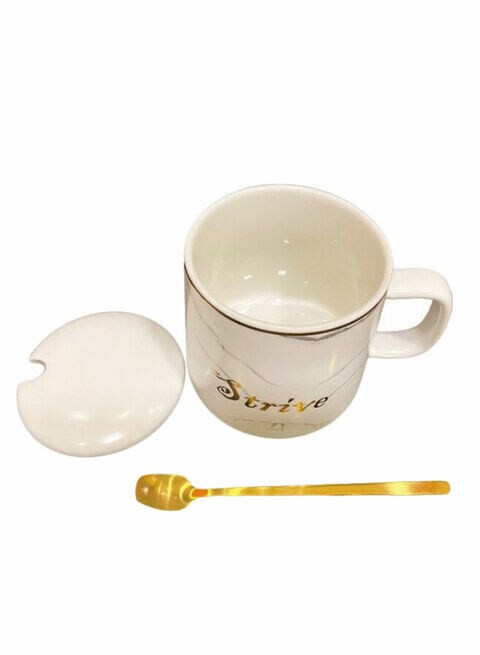 East Lady Coffee Mug With Lid And Spoon Off White/Gold 9 x 10cm