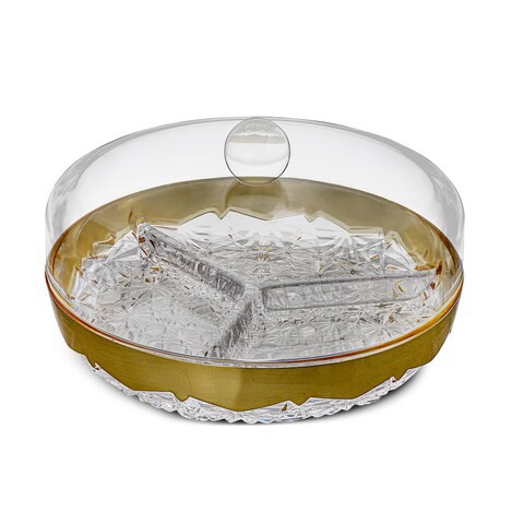 Al Hoora 19cm 3Section Clear-Gold Serving Dish W/ Specific Tray Design Use For Snack, Nuts, Small Sweets, Chocolates W/ Cover, Beautiful Knob &amp; Color Box