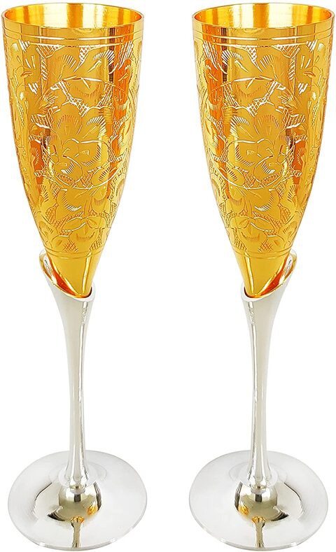 Wine Glass Handmade Engraved Vintage Silver &amp; Gold Plated Champagne Fluted Wine Glass Pack of 2 (Gold Plated)&hellip;