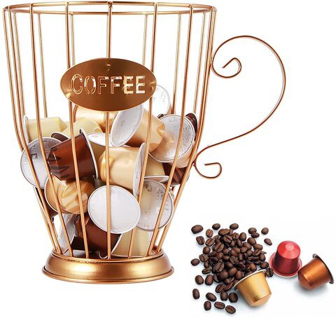 Doreen Coffee capsule holder Mug Shape Coffee Pod K Cup Holder Coffee Creamer Container Metal Coffee Holder for Counter Espresso Storage Basket Gold (Gold Large Size)(GC2295A)