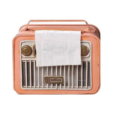 ALISSA-Vintage Radio Tissue Box Cover, Rectangular Iron Tissue Paper Cube Holder Napkin Holders, Antique Decor Ornament, for Bedroom Home Office Kitchen Vanity Storage, Pink.