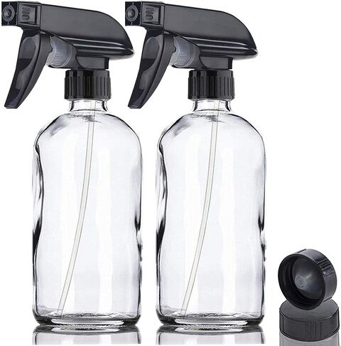 FUFU Clear Glass Spray Bottles with Labels - 8 Oz Refillable Container for Essential Oils, Cleaning Products, or Aromatherapy-2pack