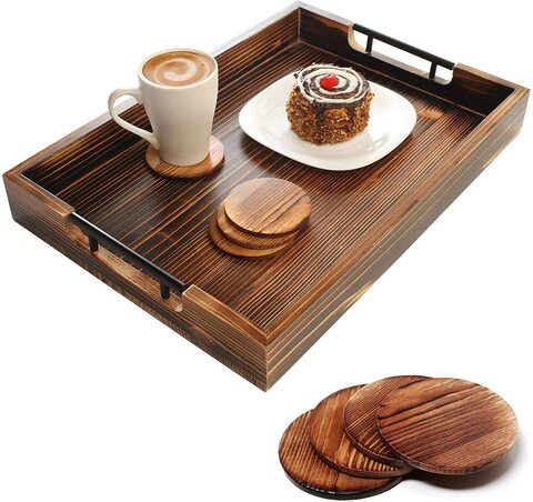 Wooden Ottoman Tray with Handle - Handmade Tray Platters for Kitchen Tray with 4 Coasters