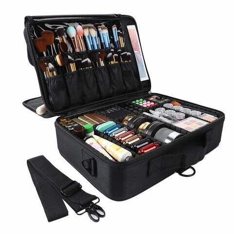 Generic Ck667 Large Makeup Case 3 Layers Makeup Bag Black Brush Holder