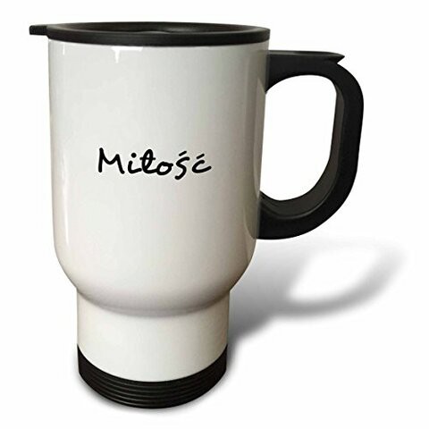 3dRose Milosc, Word for Love in Polish, Said as Miwoshch, Romantic Black Text Travel Mug, 14 oz, White