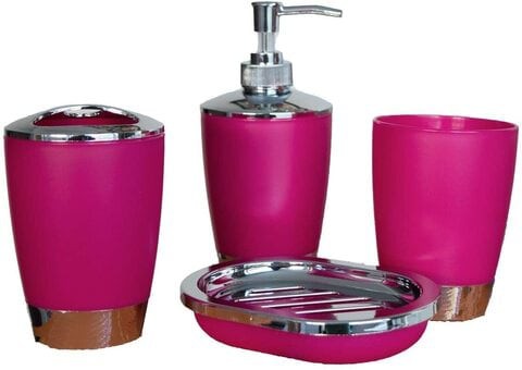 Bathroom Accessories Set 4 Piece Bath Ensemble with Smooth Surface Includes Soap Dispenser, Toothbrush Holder, Toothbrush Cup, Soap Dish for DecoratiCountertop and Housewarming Gift, Dark Pink